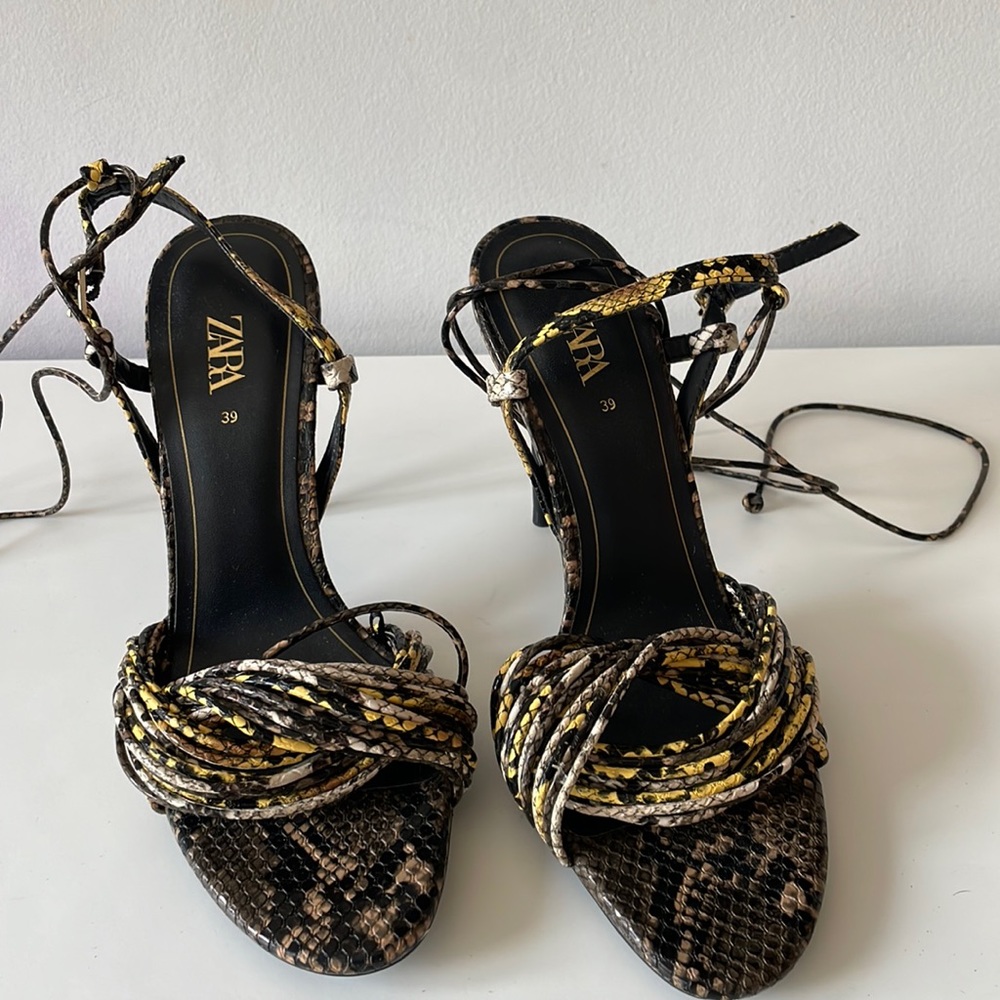 Zara snake print tie up heeled sandals